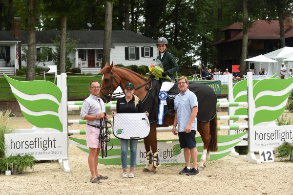 Sima Morgello and Orientales accepted their award from Tucker Ericson and Michael Dowling, co-owners of Monmouth at the Team, and Kaylee Donahue from Redfield Tack. Prizes included a Nunn Finer bridle from Boot and Bridle, a Back on Track Therapeutic Mesh Sheet and a Horseflight saddle pad from Redfield Tack. Photo by Anne Gittins Photography
